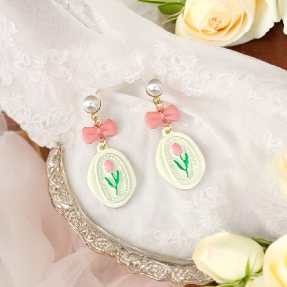 Cute Tulip White Earrings Elegant Pink Bowknot Dangle Earrings